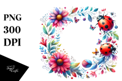 Pastel Ladybug Floral Frame PNG Product Image 1