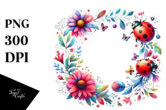 Pastel Ladybug Floral Frame PNG Product Image 1