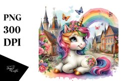 Colorful Baby Unicorn with Village Square PNG Product Image 1