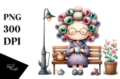 Old Lady Teacup Hair Curlers Bench | Clipart Product Image 1