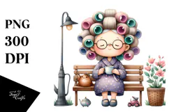 Old Lady Teacup Hair Curlers Bench | Clipart Product Image 1