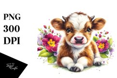 Baby Highland Cow with Primrose, Transparent PNG Product Image 1