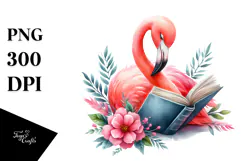 Reading Flamingo Watercolor Clipart Product Image 1
