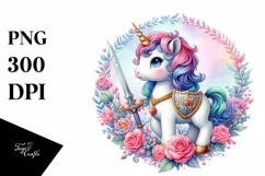 Colorful Baby Unicorn with Shield and Sword PNG Product Image 3