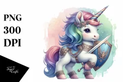 Colorful Baby Unicorn with Shield and Sword PNG Product Image 3