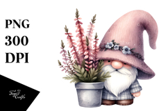 Watercolor Cute GNOME with Big Hat and Heather PNG Product Image 1