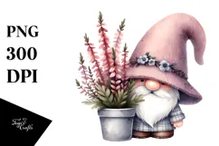 Watercolor Cute GNOME with Big Hat and Heather PNG Product Image 1