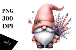Watercolor Cute GNOME with Big Hat and Iris PNG Product Image 1