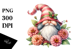 Watercolor Cute GNOME with Big Hat and Zinnia PNG Product Image 1