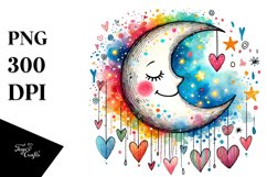 Smiling Scribbled Moon with Hearts Watercolor PNG Product Image 1