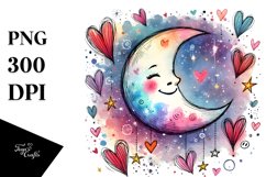 Smiling Scribbled Moon with Hearts Watercolor PNG Product Image 1