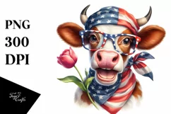 Enthusiastic Cow Portrait Wearing USA Flag Colors with Tulip Product Image 1