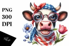 Enthusiastic Cow Portrait Wearing USA Flag Colors with Tulip Product Image 1
