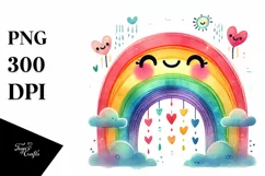 Smiling Rainbow with Hearts Watercolor PNG Product Image 1