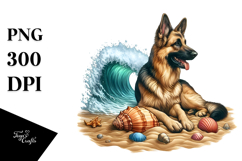 German Shepherd in Sand with Surf and Shell | Sublimation | Product Image 1