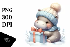 Cute Baby Hippo with Gift Box PNG Product Image 1