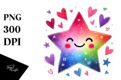 Smiling Star with Hearts Watercolor PNG Product Image 1