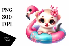 Smiling Ermine with Pink Flamingo Swim Ring Clipart Product Image 1