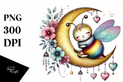 Cute Boho Bee on Half Moon with Hearts PNG Product Image 1