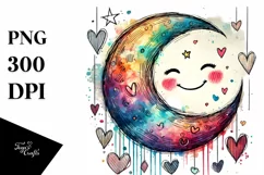 Smiling Moon with Hearts Watercolor PNG Product Image 1