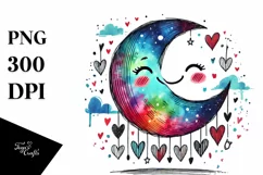 Smiling Moon with Hearts Watercolor PNG Product Image 1