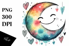 Smiling Moon with Hearts Watercolor PNG Product Image 1