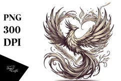 Vintage Pencil Phoenix Bird Heart, PNG Product Image 1