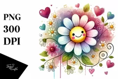 Smiling Washed Watercolor Flower with Hearts PNG Product Image 1