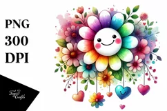 Smiling Washed Watercolor Flower with Hearts PNG Product Image 1