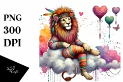 Colorful Boho Lion on Cloud with Hearts PNG Product Image 1