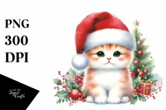 Watercolor Cat with Santa Hat, Transparent PNG Product Image 1