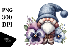 Watercolor Cute GNOME with Big Hat and Pansy PNG Product Image 1