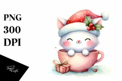 Cute Cat with Santa Hat in Cup PNG Product Image 1