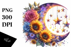Vibrant Moon with Hanging Stars and Sunflowers, Transparent Product Image 1