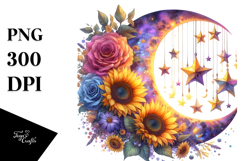 Vibrant Moon with Hanging Stars and Sunflowers, Transparent Product Image 1