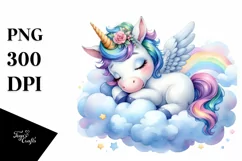 Colorful Baby Unicorn Napping on Cloud | Sublimation Clipart Product Image 1