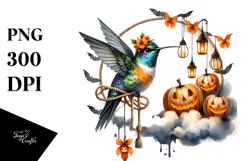Hummingbird Dressed for Halloween on Cloud PNG Product Image 1