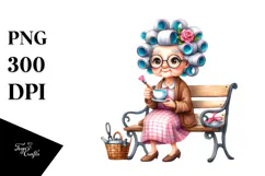 Old Lady Tea Cup Hair Curlers Watercolor | Sublimation | Product Image 1