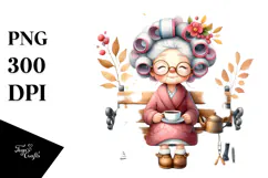 Old Lady Tea Cup Hair Curlers Watercolor | Sublimation | Product Image 1