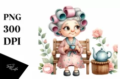 Old Lady Tea Cup Hair Curlers Watercolor | Sublimation | Product Image 1