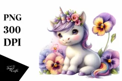 Cute Baby Unicorn with Pansy Clipart Product Image 1