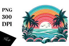 Retro Tropical Rainbow Sunset, Tshirt Style, Transparent PNG Product Image 1
