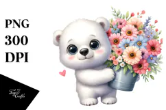 Cute Polar Bear with Flower Bouquet | Clipart Product Image 1