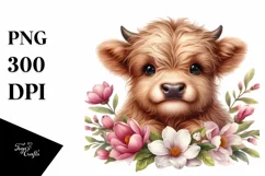 Cute Highland Cow with Flower Wreath, Transparent PNG Product Image 1