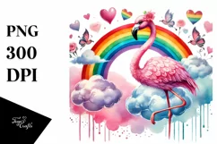 Colorful Watercolor Flamingo on Cloud with Hearts PNG Product Image 1