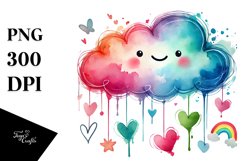 Smiling Washed Watercolor Cloud with Hearts PNG Product Image 1