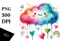 Smiling Washed Watercolor Cloud with Hearts PNG Product Image 1