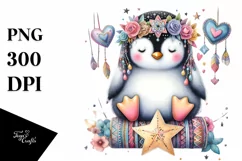 Colorful Watercolor Digital Painting with Boho Penguin PNG Product Image 1