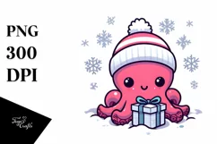 Cute Baby Octopus behind Gift Box PNG Product Image 1