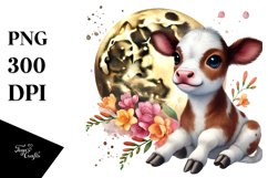 Cute Baby Cow on the Moon, Watercolor PNG Product Image 1